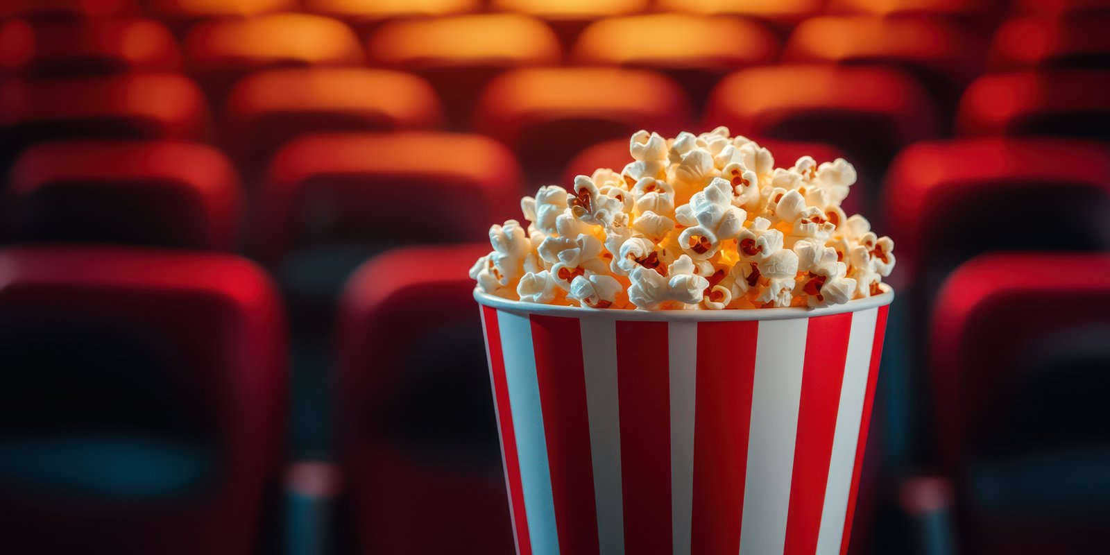 Enjoying popcorn in a movie theater before the show starts during a cozy evening